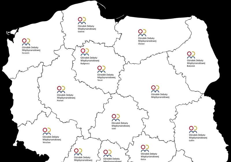 Mapka województw z zaznaczonymi Regionalnymi Ośrodkami Debaty Międzynarodowej